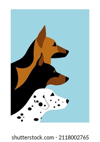 Poster with dogs. Different breed heads on solid blue background. Shepherd, Dalmatian, Doberman. Background for the ad, cover, catalog. Modern vector illustration.