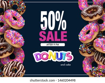 Poster donuts sale with cupcakes pink and chocolate glaze.