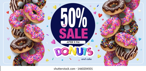 Poster donuts sale with cupcakes pink and chocolate glaze.