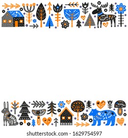 Poster with doodle animals, trees, houses, flowers, mushrooms and Nordic ornaments in Scandinavian folk art style on white background.
