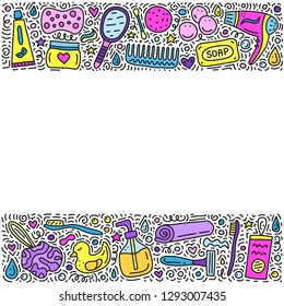 Poster with doodle colored bathroom and hygiene icons, symbols around.