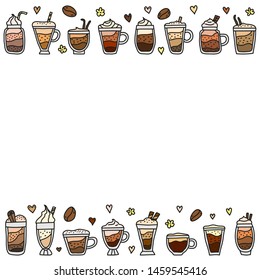 Poster with doodle colored coffee drinks and white background.