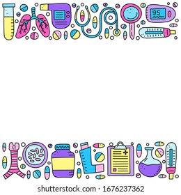 Afiche con elementos pulmonares coloreados con doodle, incluyendo pulmones, tráquea, espirómetro, soga, bacterias, pulso oximómetro, medidor de flujo de aire, inhalador de bolsillo, estetoscopio y espacio para texto.