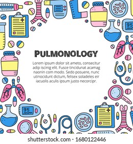 Poster with doodle colored pulmonology items, including lungs, trachea, spirometer, loupe, bacteria, pulse oximeter, pick flow meter, pocket inhaler isolated on white background. Space for text.