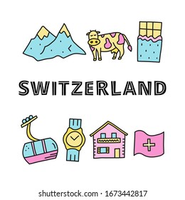 Poster with doodle colored Switzerland travel icons including chocolate, cable car, cow, Alpine mountains, house chalet, wrist watch, flag and lettering isolated on white background.