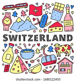 Poster with doodle colored Switzerland travel icons including cheese, chocolate, cable car, train, cow, Alpine mountains, house chalet, fondue, alphorn, wine, milk, etc isolated on white background.