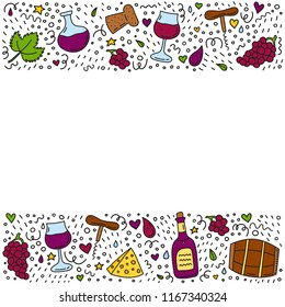 Poster with doodle colored wine icons, lines, dots, symbols around.