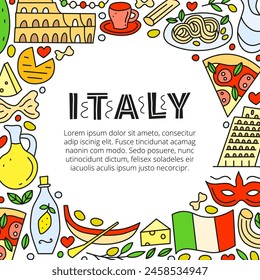 Poster with doodle colorful Italia landmarks and attractions with lettering. Travel concept background.