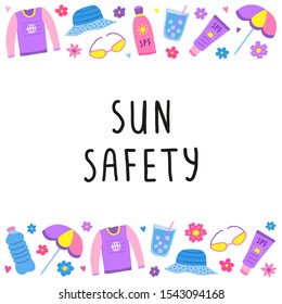 Poster with doodle colorful sun safety icons and lettering on white background.