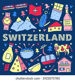 Poster with doodle colorful Switzerland travel icons including cheese, chocolate, cable car, train, cow, Alpine mountains, house chalet, fondue, alphorn, wine, milk, etc isolated on dark background.