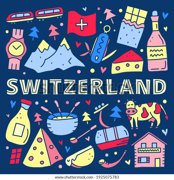 Poster with doodle colorful Switzerland\
travel icons including cheese, chocolate, cable car, train, cow,\
Alpine mountains, house chalet, fondue, alphorn, wine, milk, etc\
isolated on dark\
background.