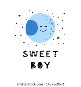 Poster with doodle happy moon character and lettering in Scandinavian style.