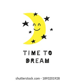 Afiche con doodle de carácter de luna feliz y letras en estilo escandinavo.
