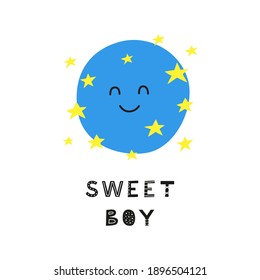 Poster with doodle happy moon or planet character and lettering in Scandinavian style.