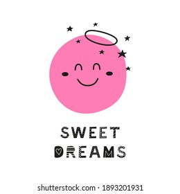 Poster with doodle happy planet or moon character and lettering in Scandinavian style.
