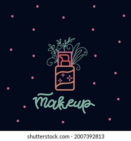 Poster with Doodle makeup Tools. Illustration of a cream in a jar in nature. A poster for a spa and beauty salon with the inscription Makeup. Vector illustration