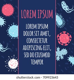 Poster with doodle microbes and bacterias. Science biology health, medical organism, vector illustration