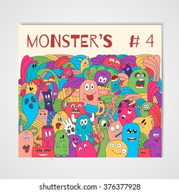 Poster with doodle monsters. Colorful print on a magazine cover