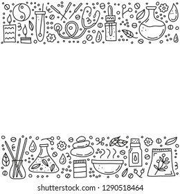 Poster with doodle outline alternative medicine icons, symbols around.