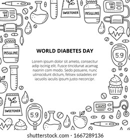Poster with doodle outline diabetes items, including insulin pen, pump, tonometer, blood drop, glucometer, cupcake, flask, sweetener, heart, test tube and text isolated on white background.