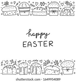 Poster with doodle outline Easter kulich cakes or Christmas panettones and pussy willows, hearts, dots isolated on white background.