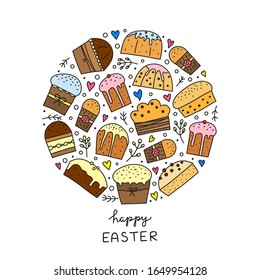 Poster with doodle outline Easter kulich cakes or Christmas panettones and pussy willows, hearts, dots isolated on white background.