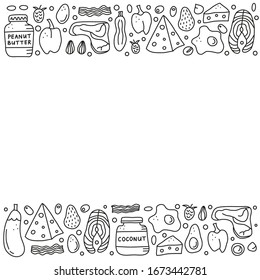 Poster with doodle outline foods for ketogenic diet including cheese, meat, salmon, avocado, eggs, butter, bacon, macadamia, raspberries. Low carbs, high fats diet. Space for text.