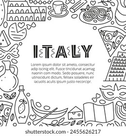 Poster with doodle outline Italia landmarks and attractions with lettering. Travel concept background.