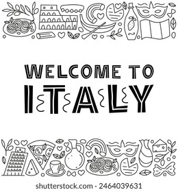 Póster con doodle contorno Italia Lugares famosos y atracciones con letras. Concepto de viaje de fondo.