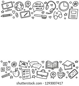 Poster with doodle outline language courses icons, symbols around.