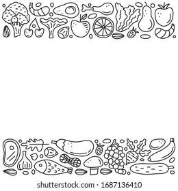Poster with doodle outline paleo foods including fish, meat, vegetables, eggs, oil, nuts, berries and empty space isolated on white background.