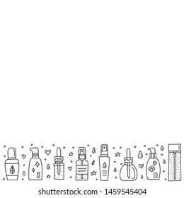 Poster with doodle outline skin care serum, ampoule, essence bottles and white background.