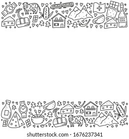 Poster with doodle outline Switzerland travel icons including cheese, chocolate, cable car, train, cow, Alpine mountains, house chalet, fondue, alphorn, wine, milk, etc. Space for text.