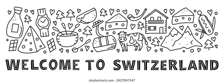 Poster with doodle outline Switzerland travel icons including cheese, fondue, cable car, cow, Alpine mountains, house chalet, alphorn, milk, etc. National landmarks and attractions.