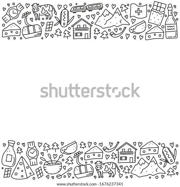 Poster\
with doodle outline Switzerland travel icons including cheese,\
chocolate, cable car, train, cow, Alpine mountains, house chalet,\
fondue, alphorn, wine, milk, etc. Space for\
text.