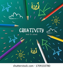 The poster is in doodle style. Colored pencils are around children's drawings. The background is green. White inscription "Creativity. Back to school."