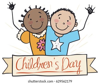 Poster in doodle style with cute pair of kids hugging each other behind a greeting ribbon in Children's Day celebration.
