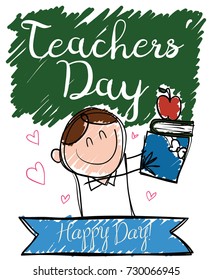 Poster in doodle style with a happy educator with some gifts, books and apple from students to celebrate Teachers' Day.