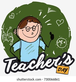 Poster in doodle style with a smart educator over chalkboard with drawings celebrating Teachers' Day.