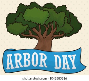 Poster with dotted pattern and a tree decorated with a blue greeting ribbon for Arbor Day celebration.