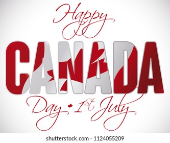 Poster with double exposure with Canadian flag behind greeting text to commemorate Canada Day this 1st July.