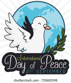 Poster with a dove flying over a rounded button with globe silhouette and olive branch to commemorate International Day of Peace.