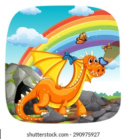 Poster of a dragon standing with rainbow and butterfly in the background