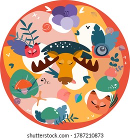 poster, drawing of animals in an orange circle, elk, foxes, snail, mushrooms, leaves, in autumn colors