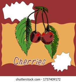 Afiche, dibujo de cerezas en un fondo de cereza y naranja y la inscripción Cerezo dulce. Dos entradas blancas para inscripciones. Ilustración vectorial.
