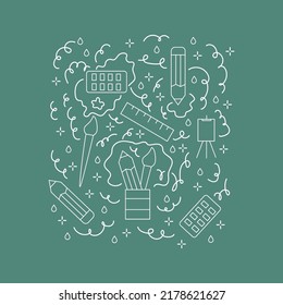 Poster of drawing tools. Accessories for artists, watercolors, brushes, easel. A set of illustrations of art materials in a circle of doodles background. Vector illustration