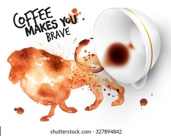 Poster drawn imprint of lion and inverted cup, lettering coffee makes you brave.