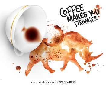 Poster drawn imprint of rhino and inverted cup, lettering coffee makes you stronger.