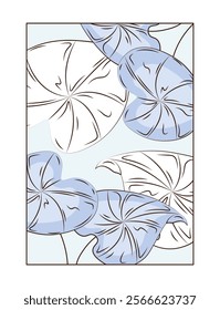 Poster with drawn leaves. Blue tropical and exotic foliage. Aesthetics and elegance. Hand drawn sketch. Brochure or booklet. Linear vector illustration isolated on white background