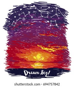 poster for dreams with ocean sunset and starry sky in sketch style, vector illustration